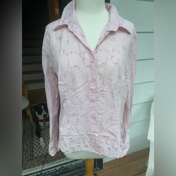 Vintage Sheer Y2K Floral and Stripped Pink Button Down - Picture 1 of 8